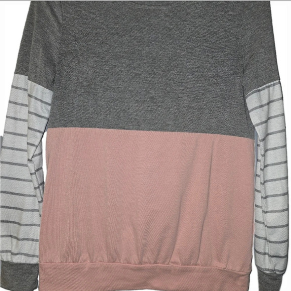 Ladies Striped Long Sleeve T-Shirt, Gray, White & Pink w/ Stripes - Picture 4 of 9